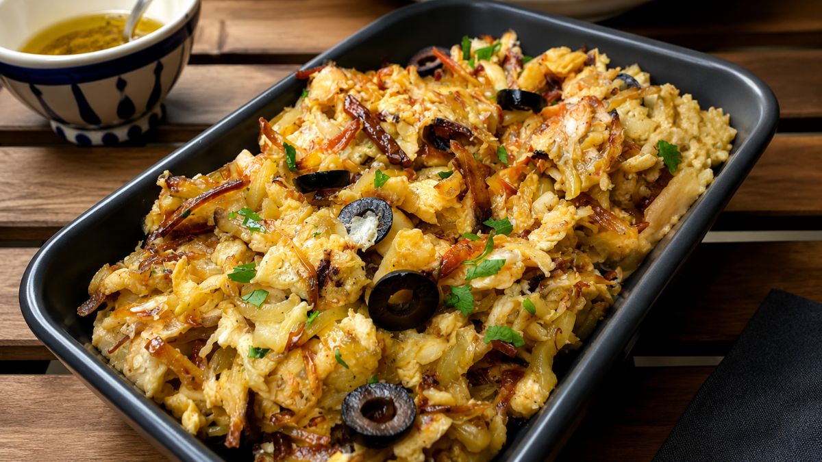 Prato de bacalhau à Brás servido em uma travessa preta com lascas de peixe envolvidas em ovos cremosos batatas palha douradas salsa picada e azeitonas pretas sobre mesa de madeira.