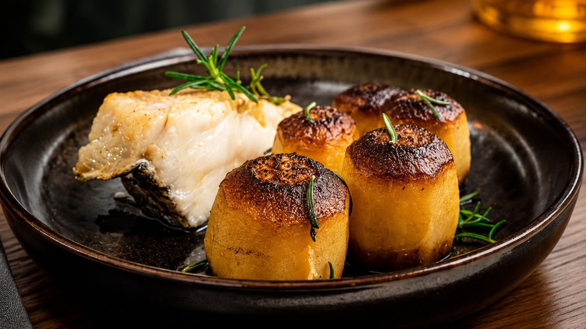 Posta de bacalhau assado suculento ao lado de quatro batatas fondant cilíndricas douradas e tostadas decoradas com ramos de alecrim fresco em um prato escuro.