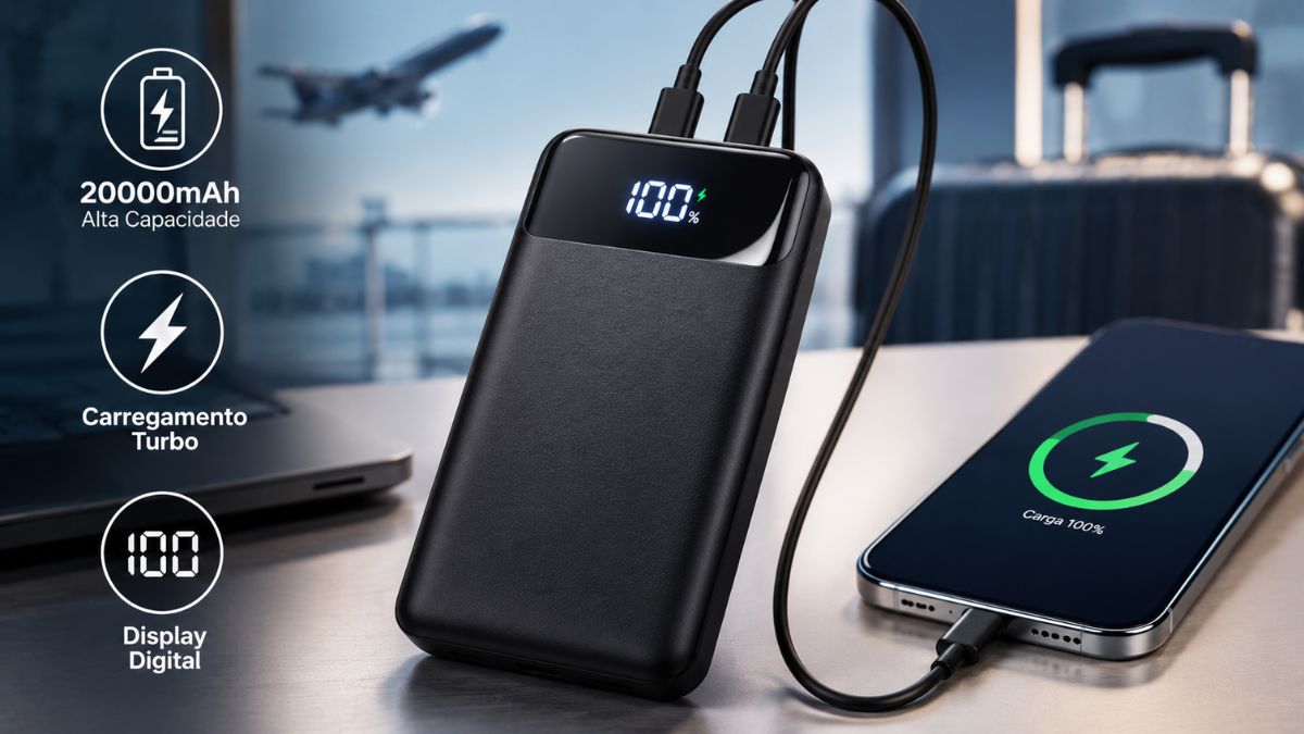Carregador portátil power bank preto com display digital a cem por cento a carregar um smartphone numa mesa com aeroporto ao fundo.