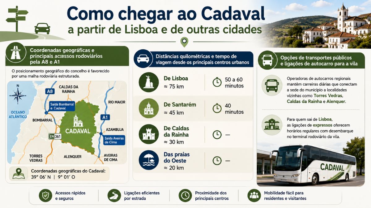 Infográfico explicativo sobre como chegar ao Cadaval a partir de Lisboa com mapa de acessos rodoviários pelas autoestradas A8 e A1, distâncias quilométricas e opções de autocarros.