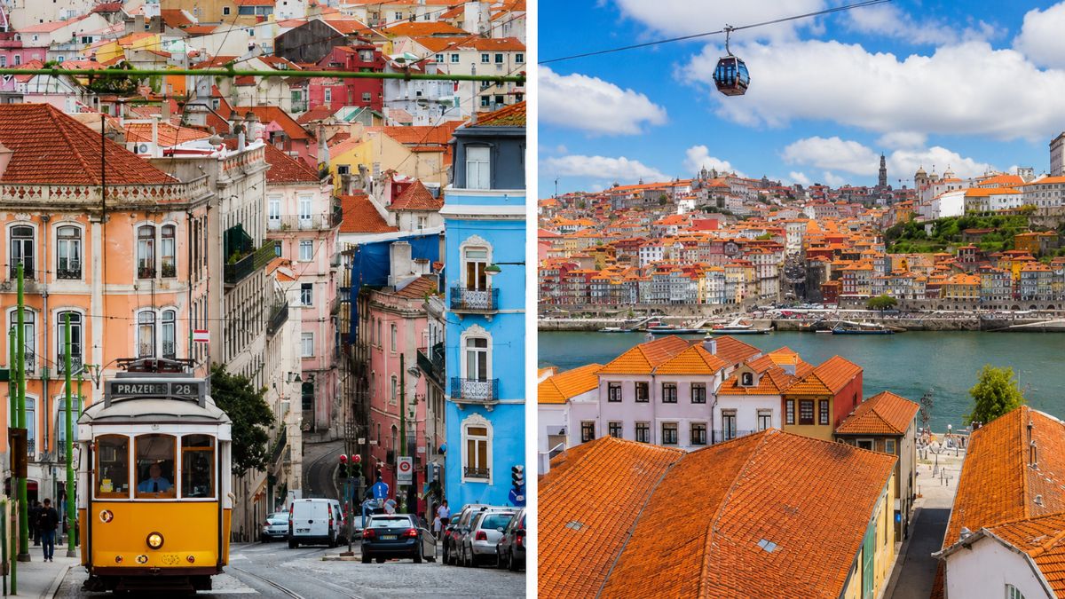 Montagem fotográfica mostrando à esquerda o tradicional bonde amarelo subindo uma ladeira colorida em Lisboa e à direita a vista panorâmica do Rio Douro com o teleférico em Vila Nova de Gaia no Porto.