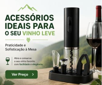 Abridor de vinho elétrico preto na base com cortador de lacre, vertedor e tampa ao lado de garrafa e taça.