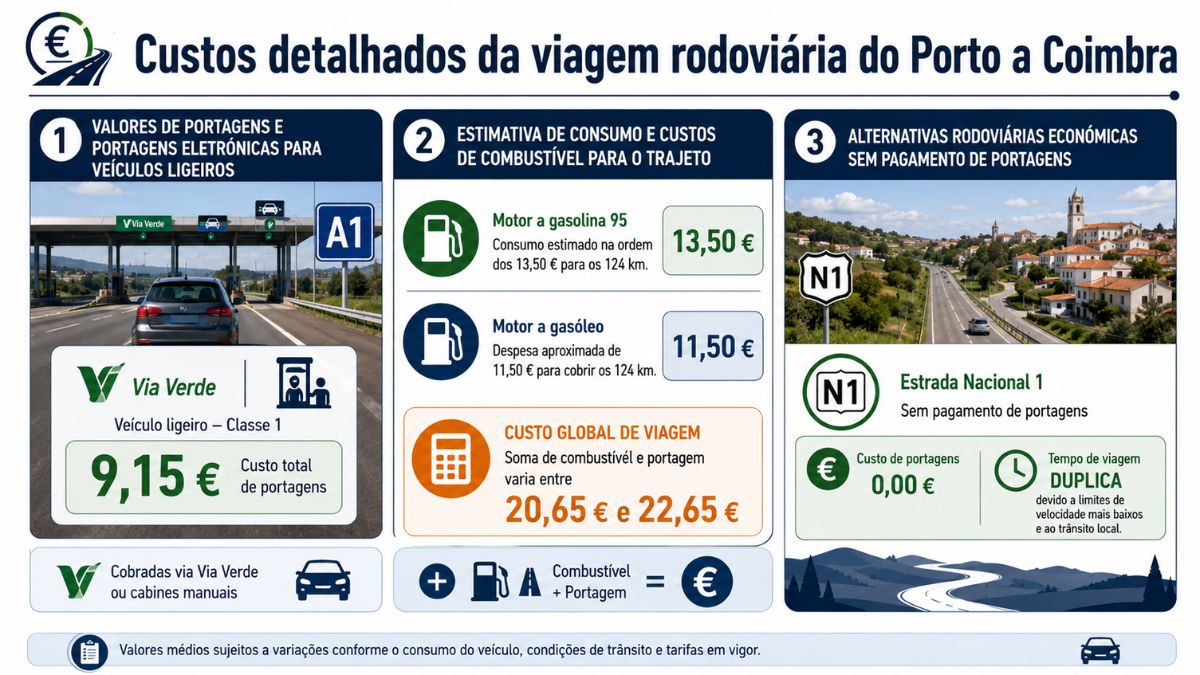 Infográfico com estimativa de custos da viagem de carro do Porto a Coimbra, incluindo valores de portagens na A1, gastos de combustível e alternativas pela Estrada Nacional 1.