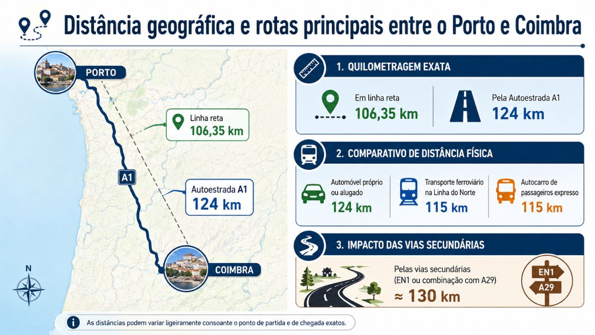 Infográfico detalhado com o mapa da distância entre o Porto e Coimbra, mostrando os percursos em linha reta de 106,35 quilómetros, pela Autoestrada A1 de 124 quilómetros, transporte ferroviário e vias secundárias.
