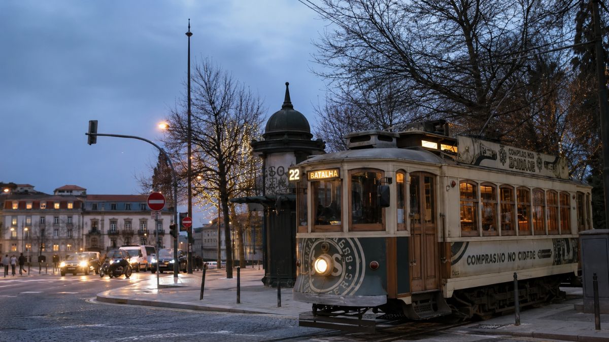 Elétrico histórico da linha vinte e dois com letreiro Batalha aceso em uma rua de paralelepípedos na cidade do Porto sob céu nublado de inverno ao anoitecer.