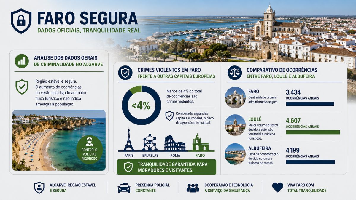 Infográfico com dados oficiais sobre a segurança em Faro, mostrando estatísticas de criminalidade, comparativo entre capitais europeias e concelhos do Algarve.