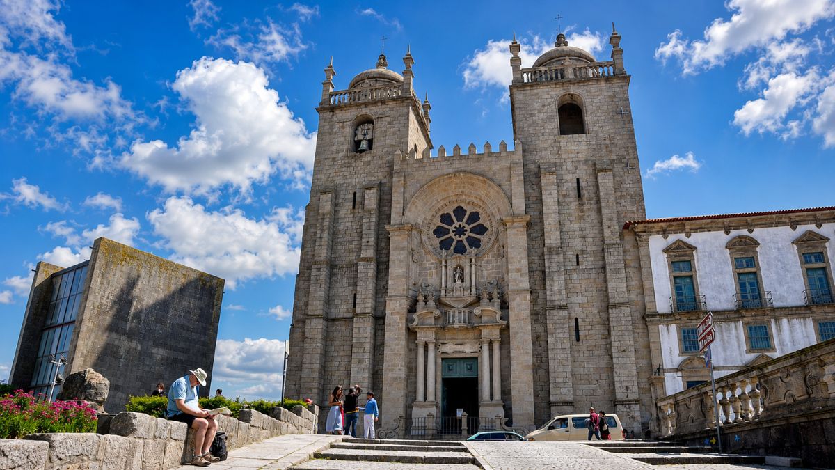 Fachada de pedra em estilo românico da Sé Catedral do Porto exibindo duas torres sineiras, uma rosácea central e turistas no terreiro exterior sob céu azul.