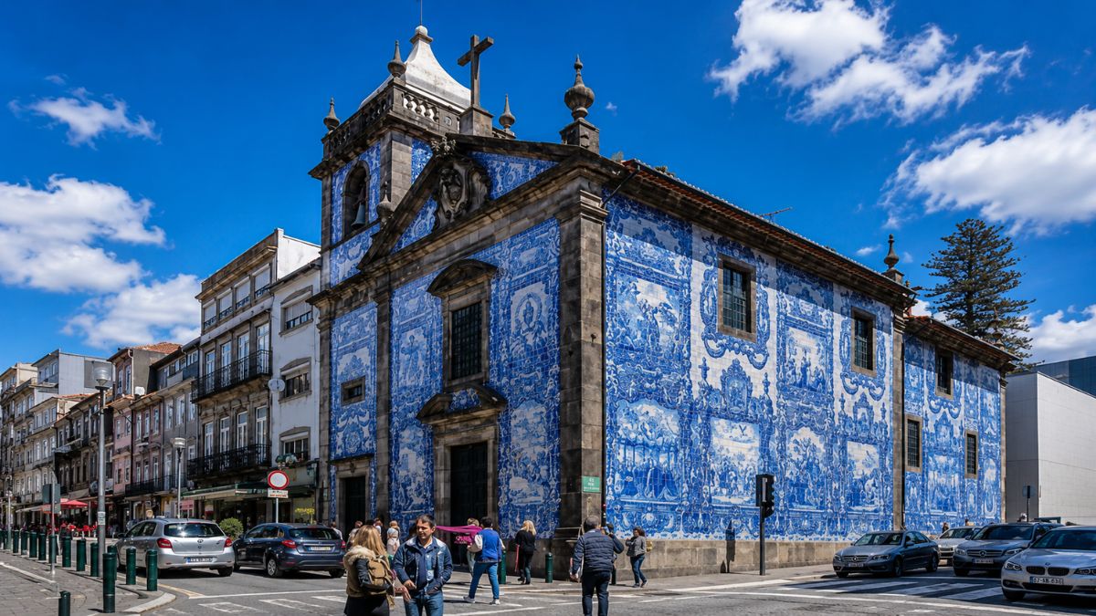 Fachada e parede lateral da Capela das Almas totalmente cobertas por painéis de azulejos azuis e brancos com pedestres e carros na rua sob céu azul.