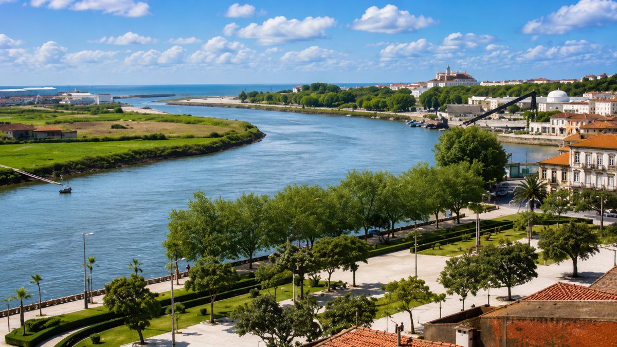 Vista panorâmica da foz do rio Ave em Vila do Conde no distrito do Porto com a zona ribeirinha arborizada, edifícios históricos e o Oceano Atlântico ao fundo sob céu azul com nuvens.