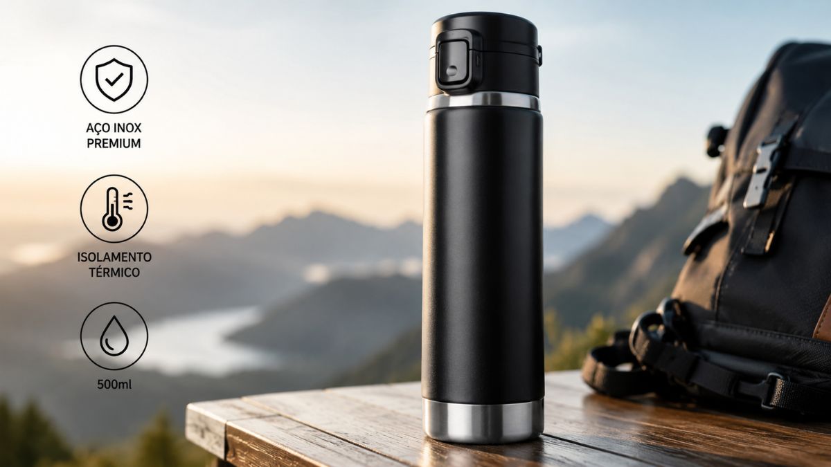 Garrafa térmica preta em aço inox ao lado de uma mochila numa mesa de madeira com montanhas ao fundo.