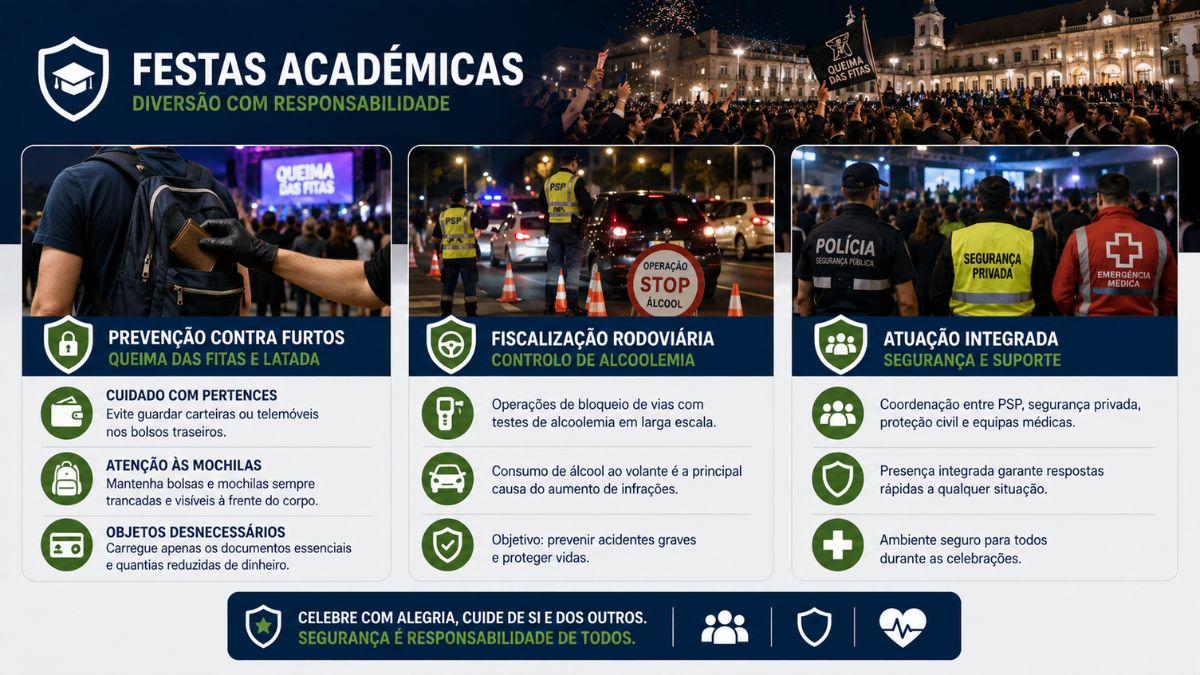 Infográfico sobre segurança nas festas académicas com dicas para prevenir furtos, informações sobre fiscalização rodoviária e atuação integrada das forças policiais e médicas.
