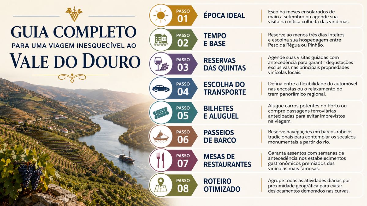 Infográfico explicativo detalhando um roteiro de planejamento estratégico com oito passos para organizar uma viagem de enoturismo pelo Vale do Douro em Portugal mostrando dicas de transporte hospedagem e vinícolas.