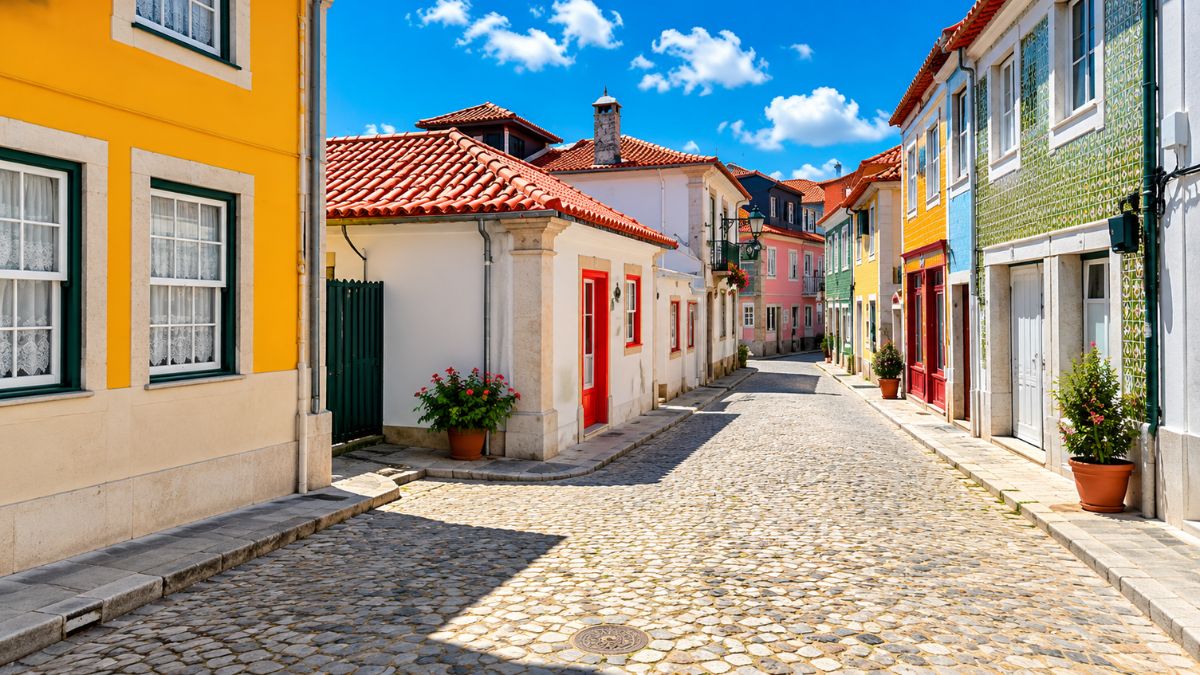 Rua estreita de paralelepípedos na Foz Velha com casas tradicionais coloridas revestidas de azulejos sob céu azul no Porto