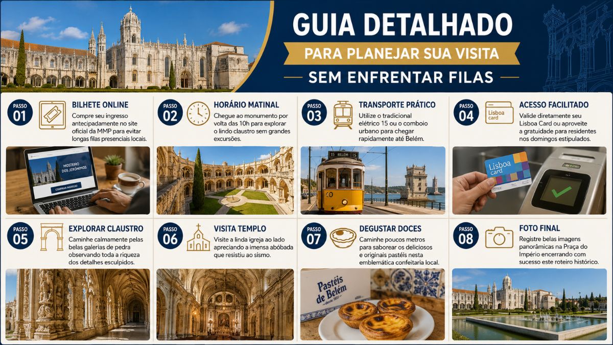 Infográfico completo com passo a passo detalhado contendo oito etapas estratégicas ilustradas para planejar uma visita sem filas ao Mosteiro dos Jerónimos em Lisboa.