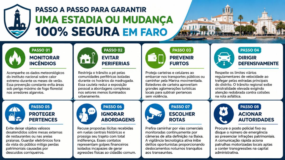Infográfico com fundo branco e azul detalhando oito passos práticos de segurança urbana e ambiental para residir ou turistar em Faro, exibindo ícones ilustrativos e a Cidade Velha ao fundo.