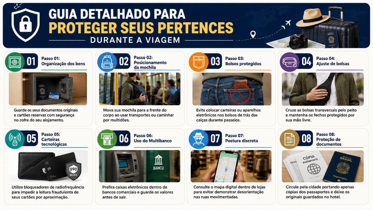 Infográfico azul e branco com oito passos ilustrados detalhando estratégias de segurança para viajantes protegerem seus documentos, bolsas e carteiras de batedores de carteira.