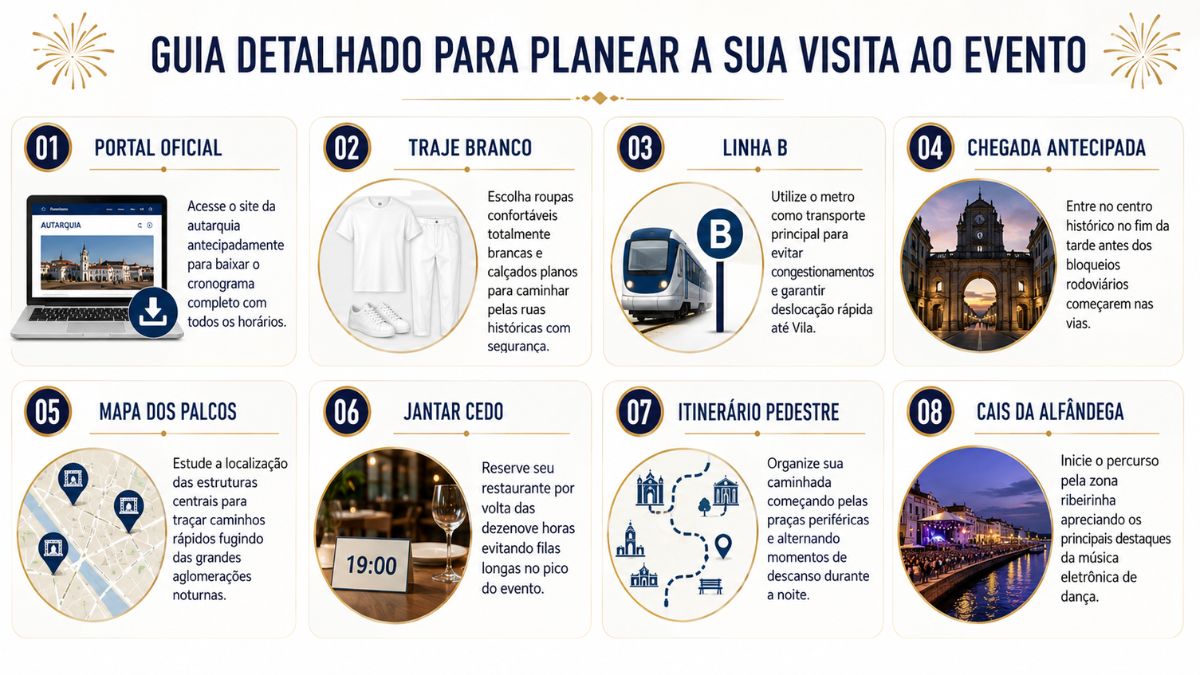 Infográfico retangular estruturado em oito blocos numerados com ícones explicativos que detalham os passos lógicos e dicas práticas para os visitantes planejarem a ida ao evento.