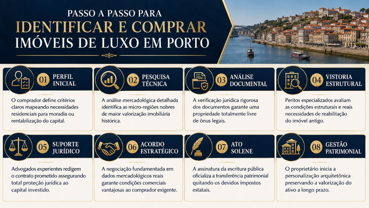 Infográfico detalhado com oito etapas para identificar e comprar imóveis de luxo no Porto ao lado de imagem do Rio Douro.