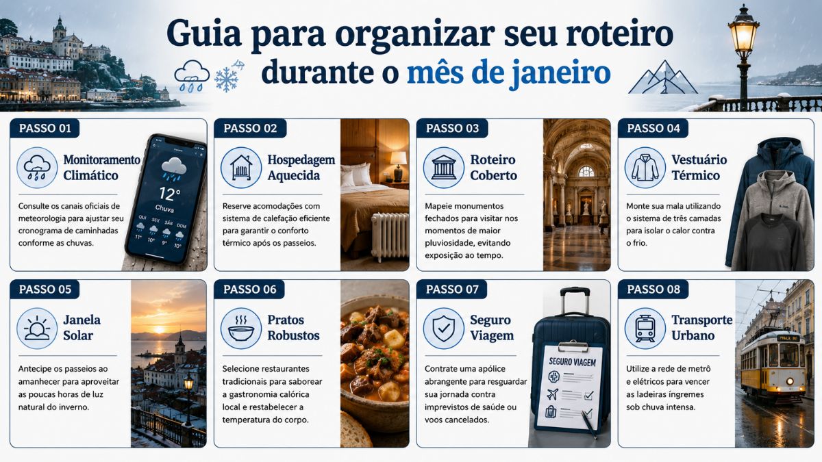 Infográfico explicativo em fundo branco contendo oito passos ilustrados para estruturar uma viagem à cidade do Porto durante o mês de janeiro.