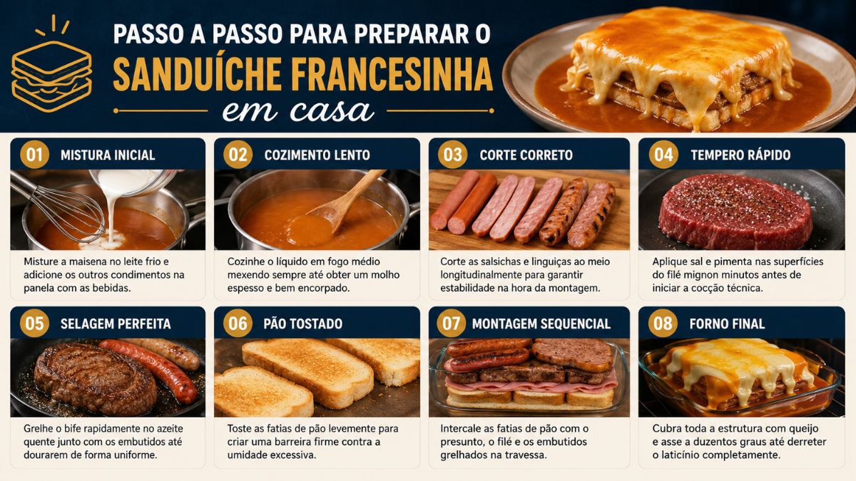 Infográfico explicativo dividido em oito etapas numeradas mostrando desde o preparo do molho até a finalização do sanduíche francesinha no forno.