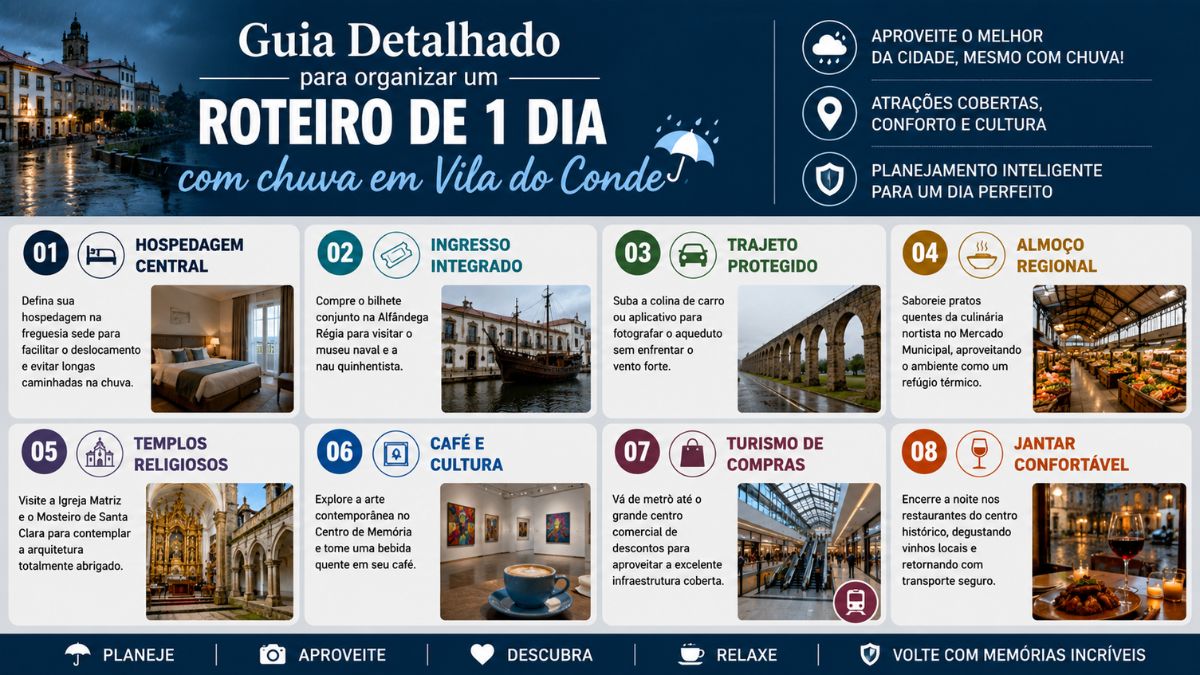 Infográfico detalhado com fundo azul e cinza apresentando um roteiro passo a passo com oito etapas ilustradas para visitar atrações cobertas em Vila do Conde durante dias chuvosos.