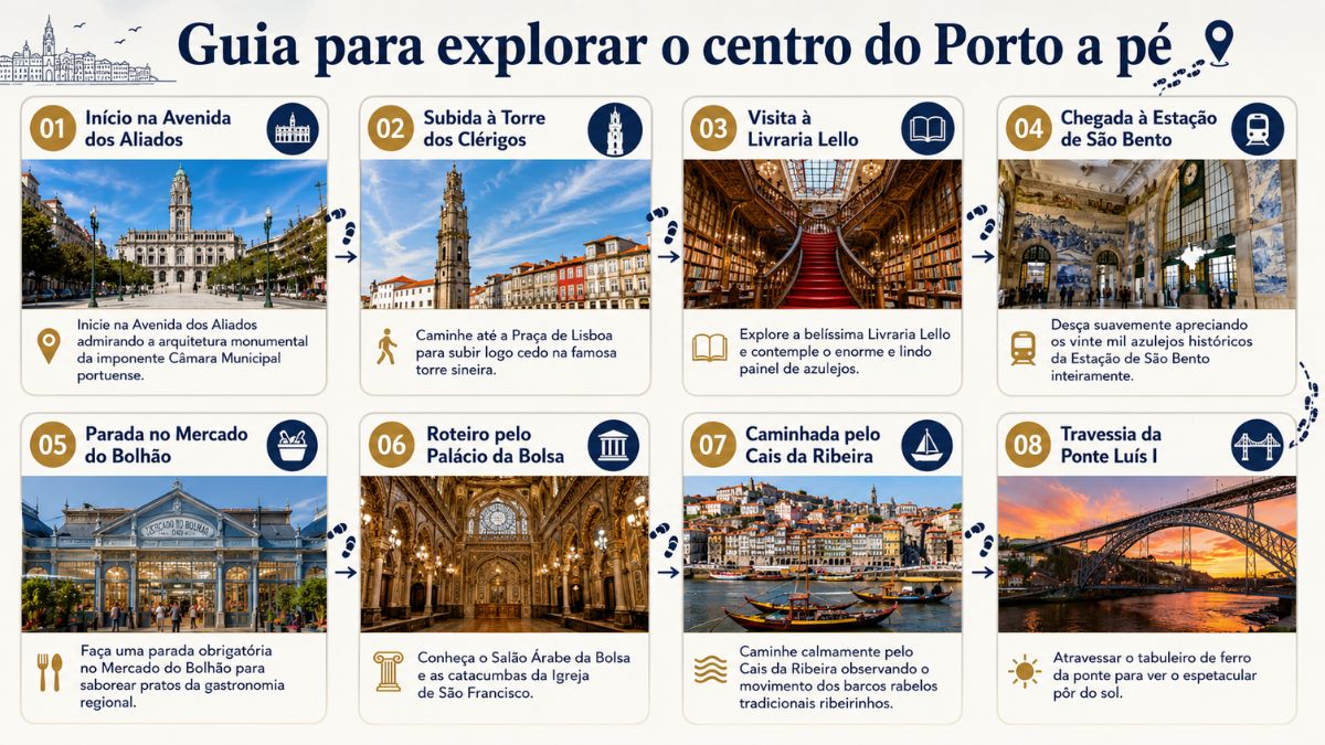 Infográfico intitulado Guia para explorar o centro do Porto a pé, exibindo oito passos numerados com fotos de pontos turísticos como a Avenida dos Aliados, Torre dos Clérigos, Livraria Lello, Estação de São Bento, Mercado do Bolhão, Palácio da Bolsa, Cais da Ribeira e Ponte Luís I.