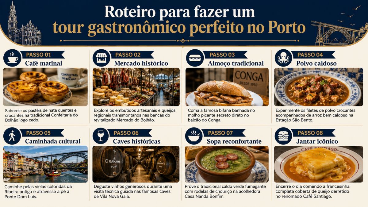 Infográfico com fundo azul e bege detalhando em oito passos ilustrados o roteiro para fazer um tour gastronômico no Porto com fotos de pratos tradicionais portugueses.