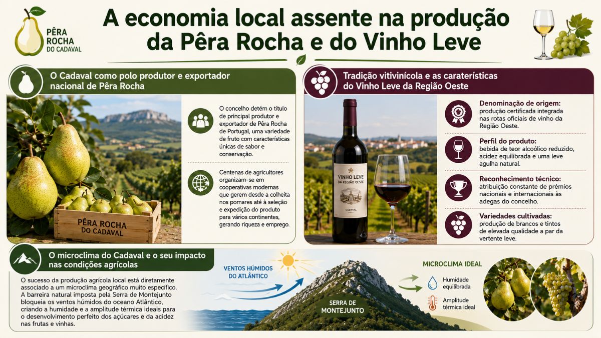 Infográfico explicativo sobre a economia agrícola do Cadaval destacando a produção de Pêra Rocha, o Vinho Leve e o microclima de Montejunto.