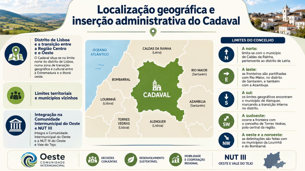Infográfico explicativo sobre a localização geográfica de Cadaval mostrando mapa de limites municipais, vizinhos e integração na Comunidade Intermunicipal do Oeste.
