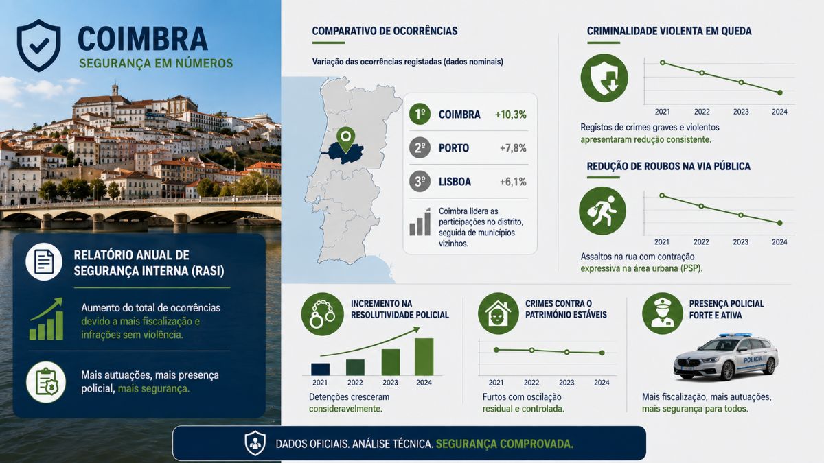 Infográfico sobre a segurança pública em Coimbra destacando dados do Relatório Anual de Segurança Interna com queda na criminalidade violenta e aumento da fiscalização policial.