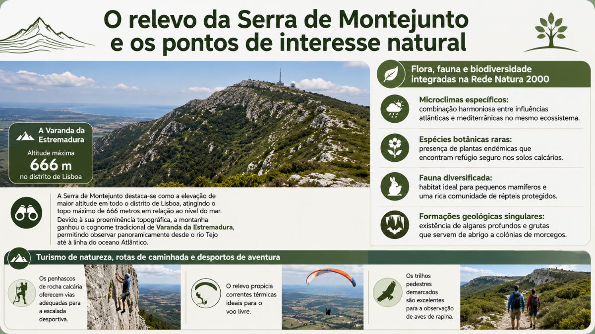 Infográfico explicativo sobre o relevo da Serra de Montejunto destacando altitude de 666 metros, biodiversidade na Rede Natura 2000 e desportos de aventura no Cadaval.