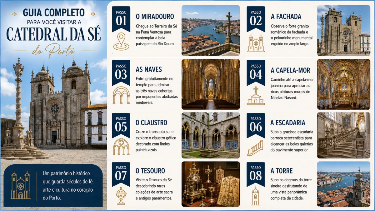 Infográfico informativo em tons de azul e bege detalhando o guia completo para visitar a Catedral da Sé do Porto com oito passos ilustrados sobre o miradouro, a fachada, as naves, a capela-mor, o claustro, a escadaria, o tesouro e a torre sineira.