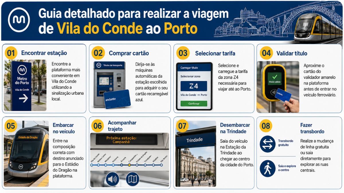 Infográfico explicativo dividido em oito etapas sequenciais ilustradas com fotos reais demonstrando visualmente os procedimentos de embarque, compra do cartão Andante Azul, seleção da zona Z4, validação obrigatória e desembarque no centro do Porto.