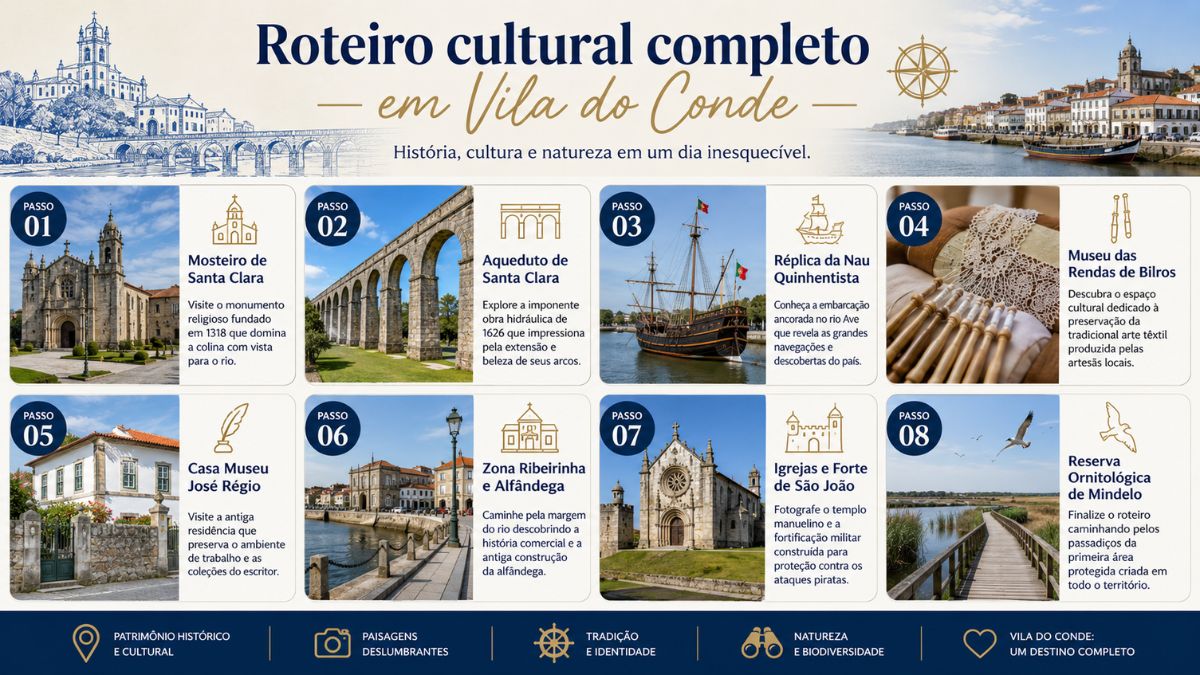 Infográfico com mapa de viagem em oito passos para turismo em Vila do Conde no distrito do Porto, mostrando atrações como o Mosteiro de Santa Clara, o Aqueduto e a réplica da Nau Quinhentista.