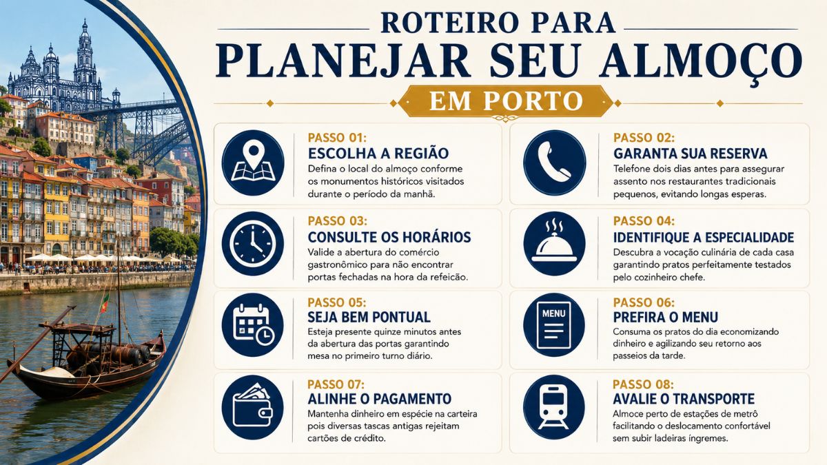 Infográfico explicativo sobre turismo gastronômico em Portugal mostrando oito passos cruciais para organizar uma refeição na cidade do Porto contendo ilustrações da Ribeira, da Ponte Dom Luís e de um barco rabelo navegando no Rio Douro.