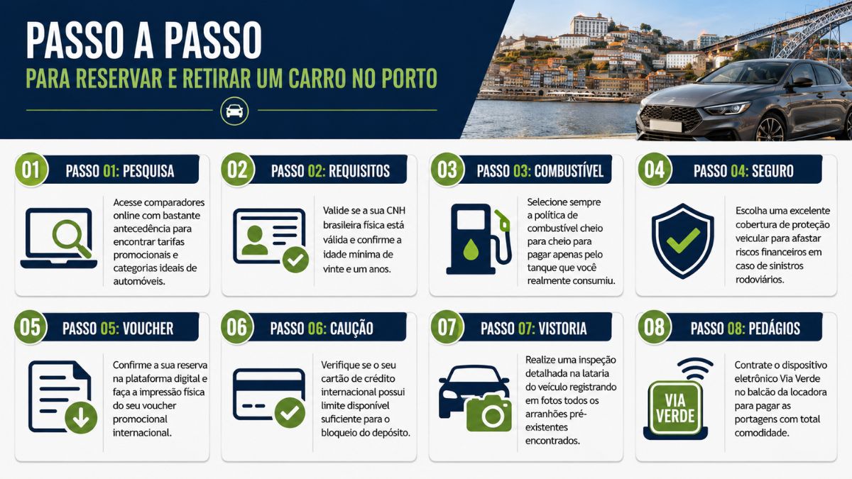 Infográfico com fundo azul e branco detalhando oito passos numerados para reservar e retirar um veículo no Porto em Portugal.