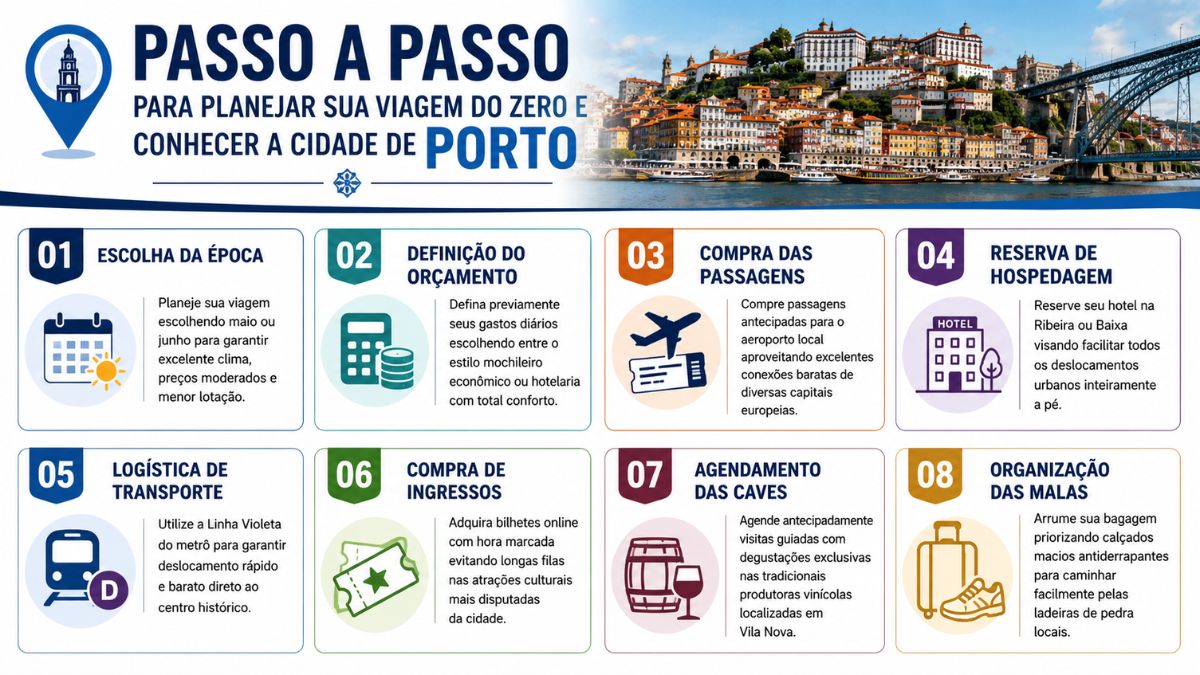 Infográfico em azul e branco contendo oito blocos numerados com dicas organizadas de viagem para planejar a ida e conhecer Porto de forma prática.