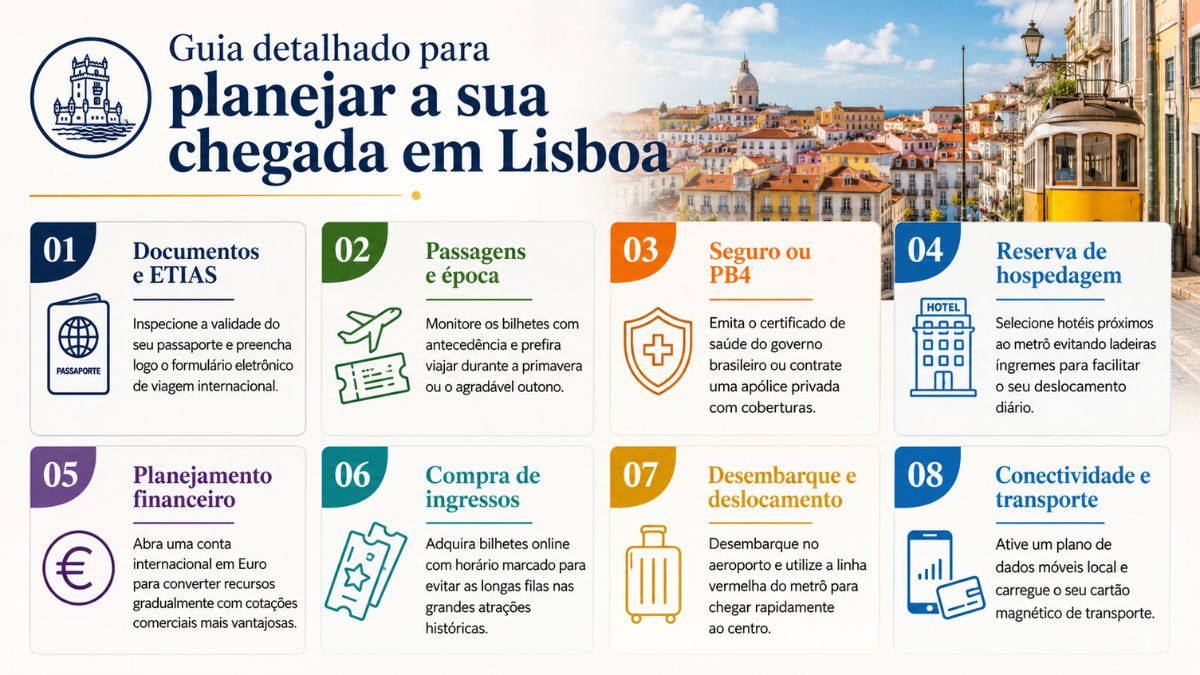 Infográfico ilustrado com oito etapas fundamentais reunindo dicas práticas de organização e planejamento para a sua próxima viagem para Lisboa.