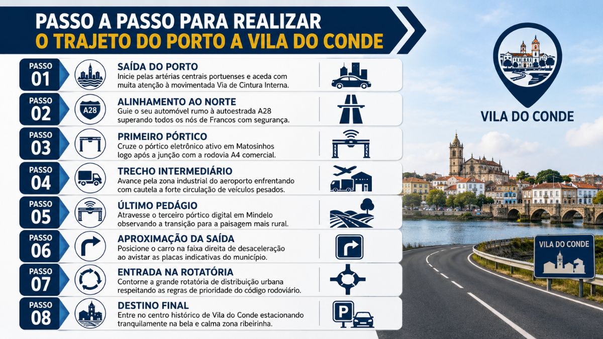 Infográfico com o guia passo a passo em oito etapas ilustradas para realizar o trajeto rodoviário entre o Porto e Vila do Conde.