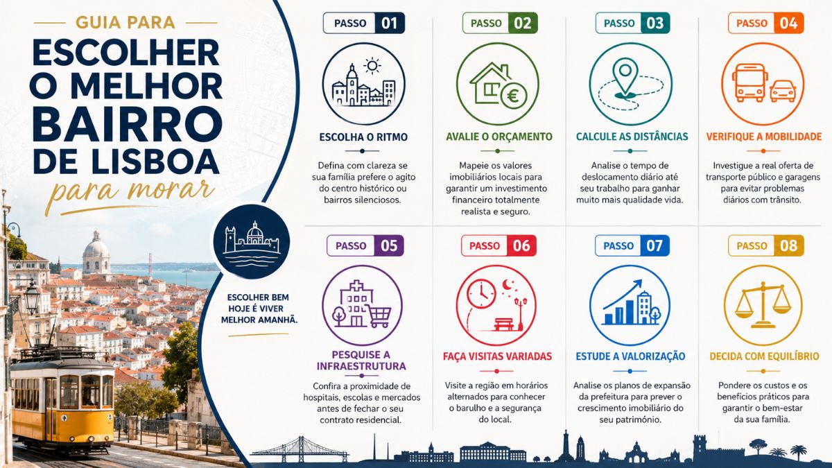 Infográfico com oito passos organizados em colunas para escolher o melhor bairro de Lisboa para morar exibindo ícones ilustrativos ao lado de uma foto da cidade com o tradicional bonde elétrico amarelo em destaque.