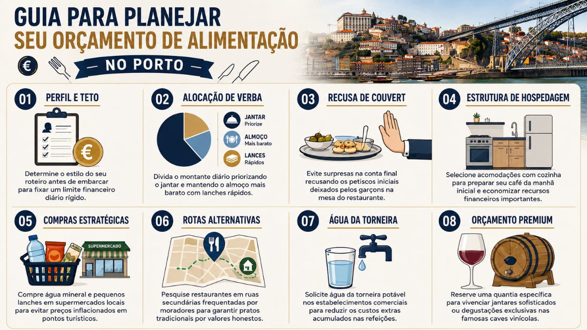 Infográfico com fundo claro dividido em oito blocos numerados com dicas ilustradas sobre economia e planejamento de gastos com alimentação na cidade do Porto.
