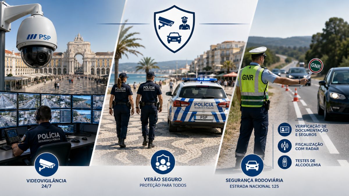 Infográfico da infraestrutura de segurança em Faro com videovigilância vinte e quatro horas da PSP, patrulhamento Verão Seguro e fiscalização rodoviária da GNR.