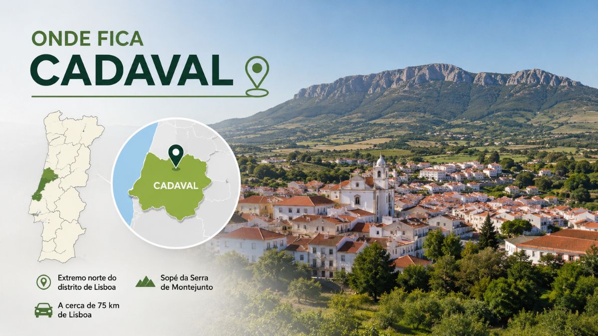 Infográfico explicativo sobre onde fica a cidade de Cadaval mostrando o mapa de localização no distrito de Lisboa e a paisagem ao sopé da Serra de Montejunto.