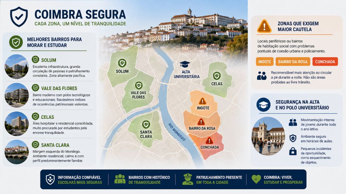 Infográfico sobre a segurança em Coimbra com mapa dos melhores bairros para morar e estudar, incluindo Solum, Celas, Vale das Flores e áreas que exigem cautela.