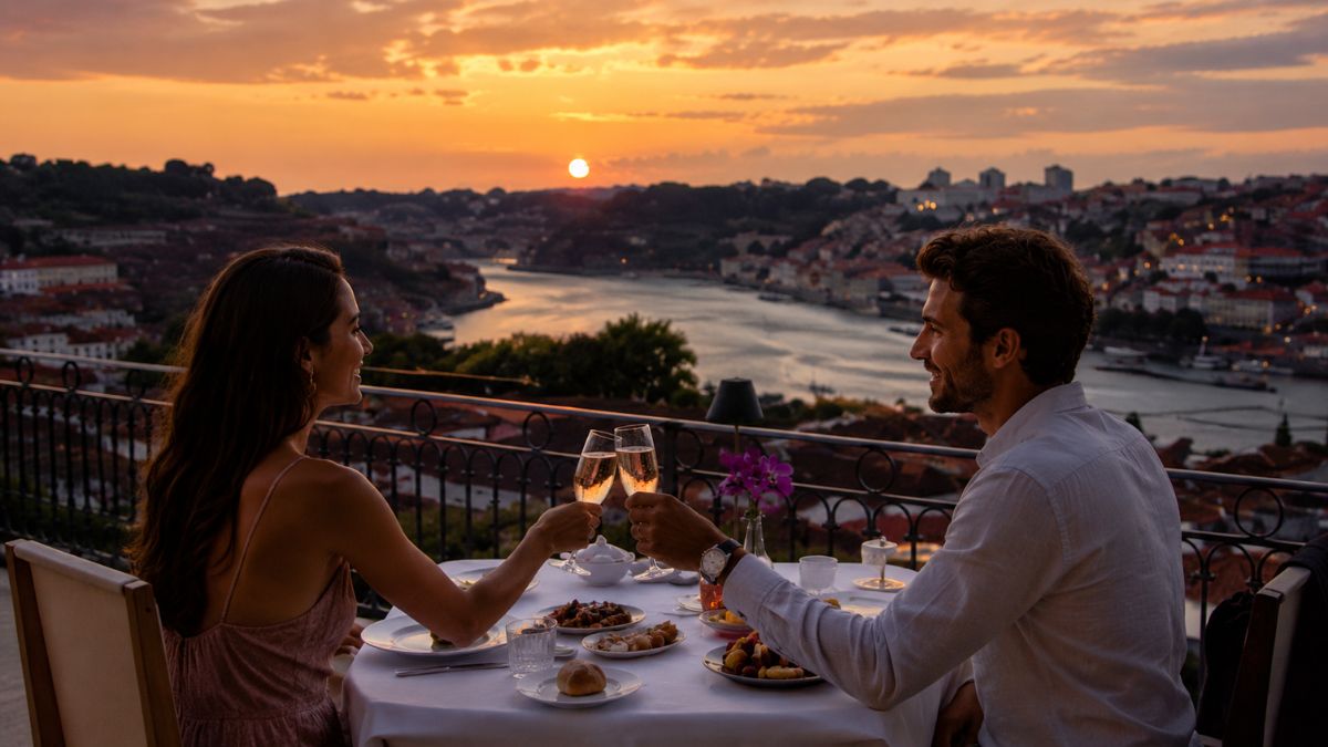 Casal brindando com espumante durante jantar romântico ao pôr do sol em terraço com vista panorâmica para o Rio Douro e a cidade do Porto.