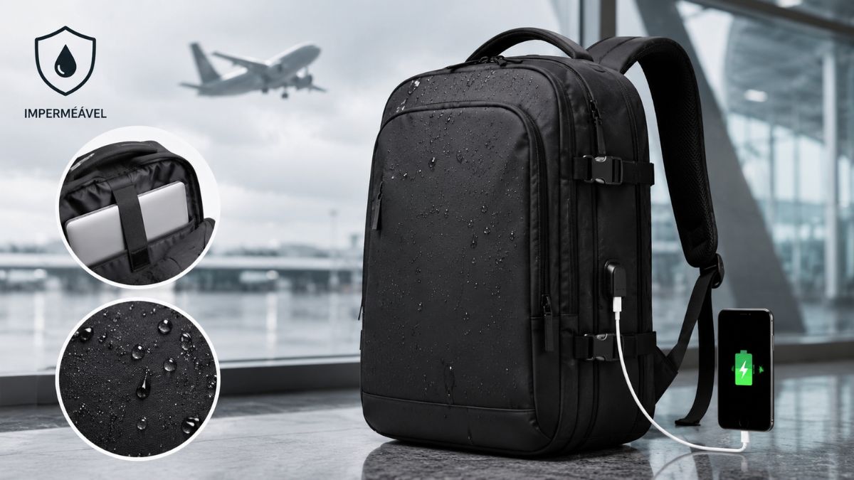 Mochila de viagem impermeável preta em aeroporto com gotas de água, porta USB a carregar telemóvel e compartimento aberto para portátil.