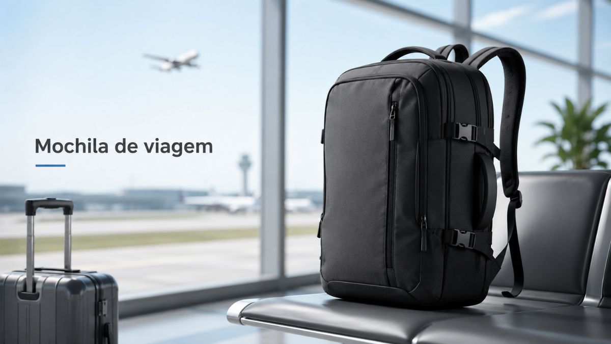 Mochila de viagem preta sob uma cadeira no aeroporto com mala de mão ao fundo e avião na pista.