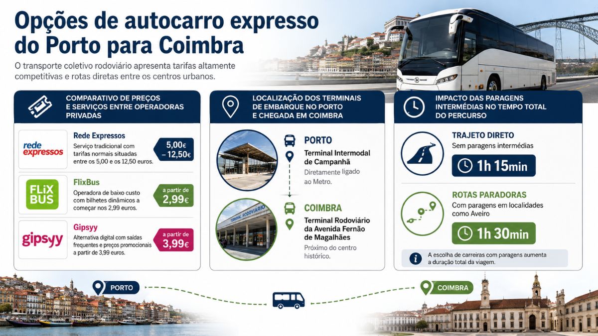 Infográfico com comparativo de operadoras de autocarro expresso entre Porto e Coimbra, incluindo preços da Rede Expressos, FlixBus e Gipsyy, terminais e tempos.