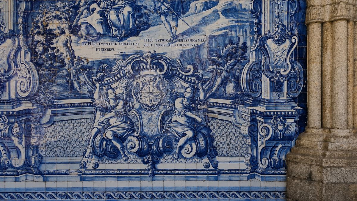 Detalhe de um painel barroco de azulejos portugueses azuis e brancos no claustro da Catedral da Sé do Porto, exibindo figuras alegóricas esculpidas, inscrições em latim, ornamentos em moldura de talha e colunas góticas na lateral.