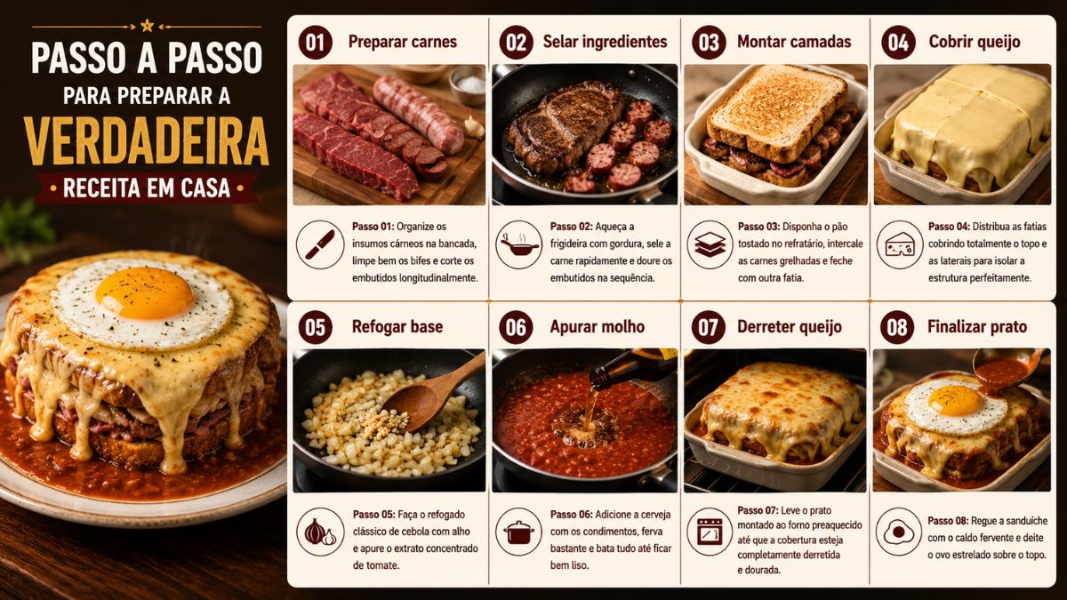Infográfico explicativo composto por oito quadros numerados que demonstram as etapas de preparo da francesinha, incluindo a selagem das carnes, a montagem do pão, o queijo derretido e a finalização com molho e ovo frito.